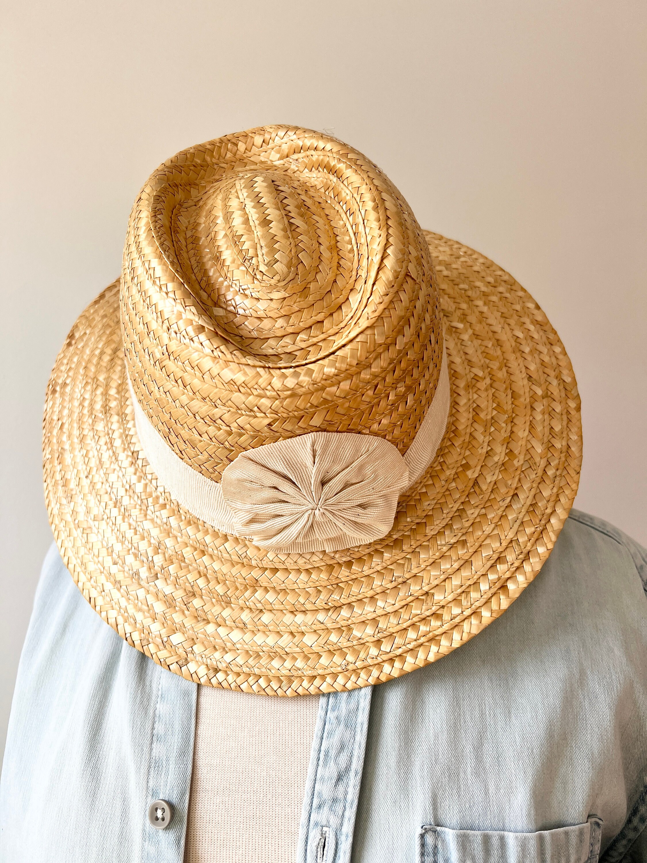 Vintage 1950s Straw Sun Hat With Grosgrain Ribbon Made in 