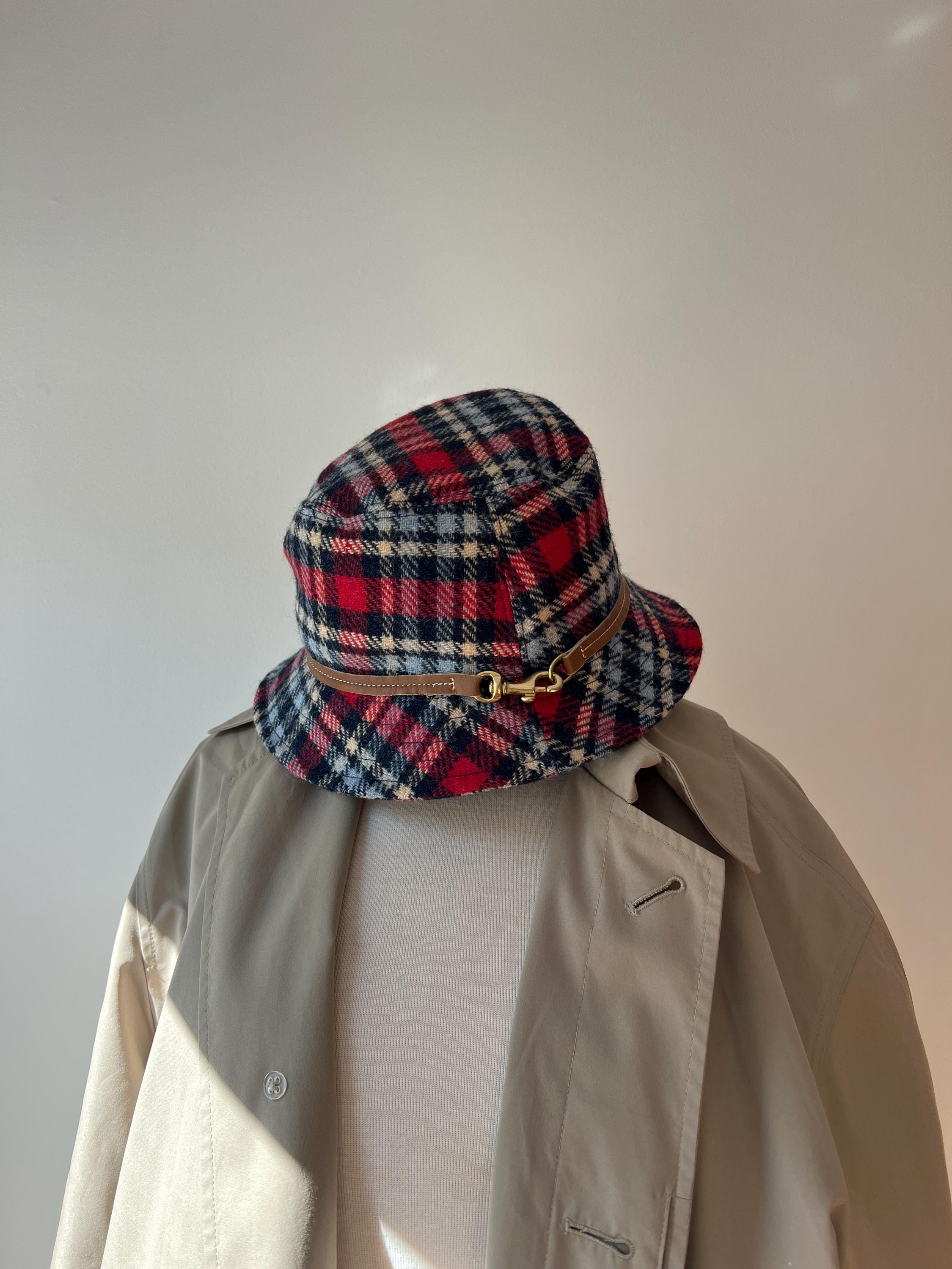 Coach Vintage Plaid Wool Bucket Hat Red Black Blue w/ Leather Trim Vintage Coach Plaid Wool Bucket Hat Size Small, Winter Plaid  main image 2