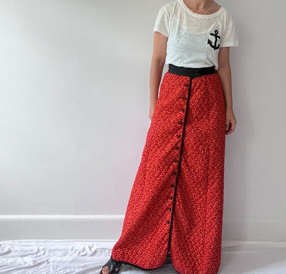 vintage 70s red floral quilted maxi skirt, boho h… - image 6