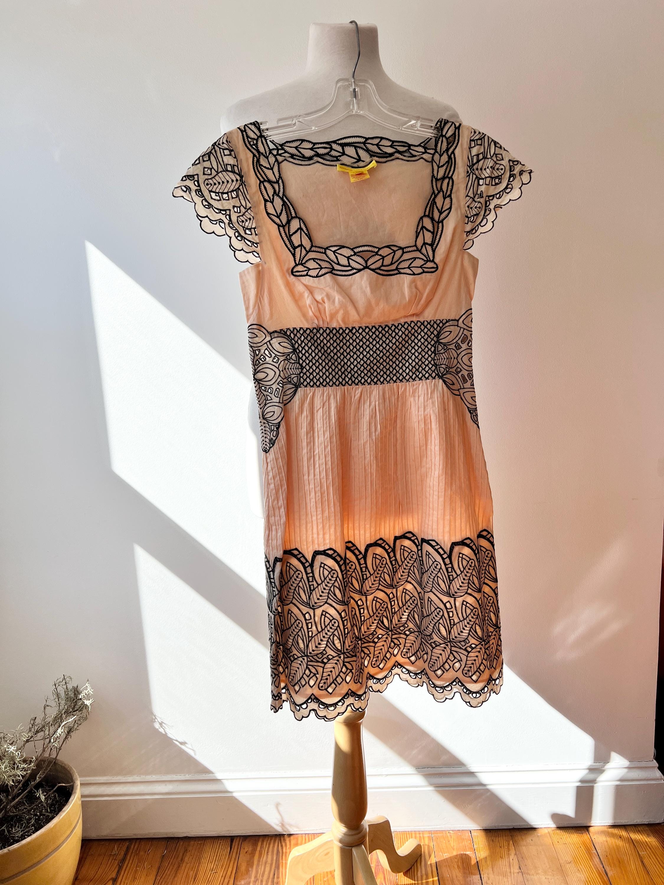 Catherine Malandrino Cotton Midi Dress Black Lace Trim Size 0 Small, Cut Out Spring Summer Dress