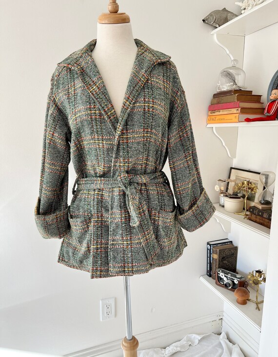 Vintage green plaid belted jacket size small, 197… - image 7
