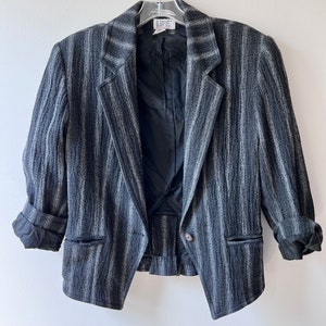 vintage 80s wool charcoal striped blazer size small, menswear style cropped blazer