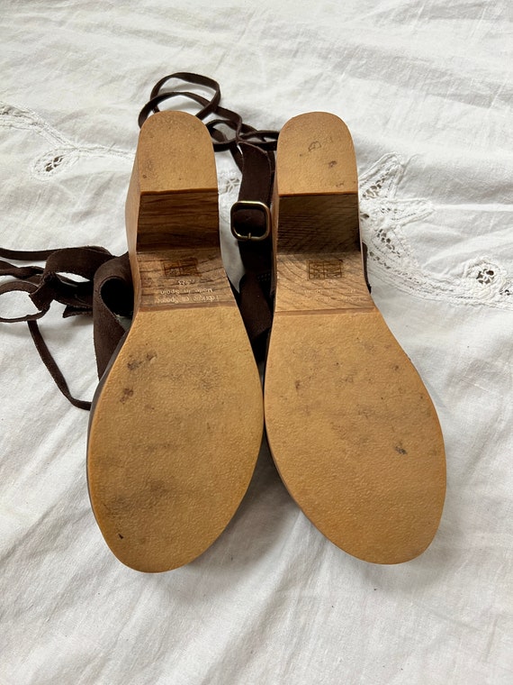 vintage brown wooden leather clogs sandals size 3… - image 6