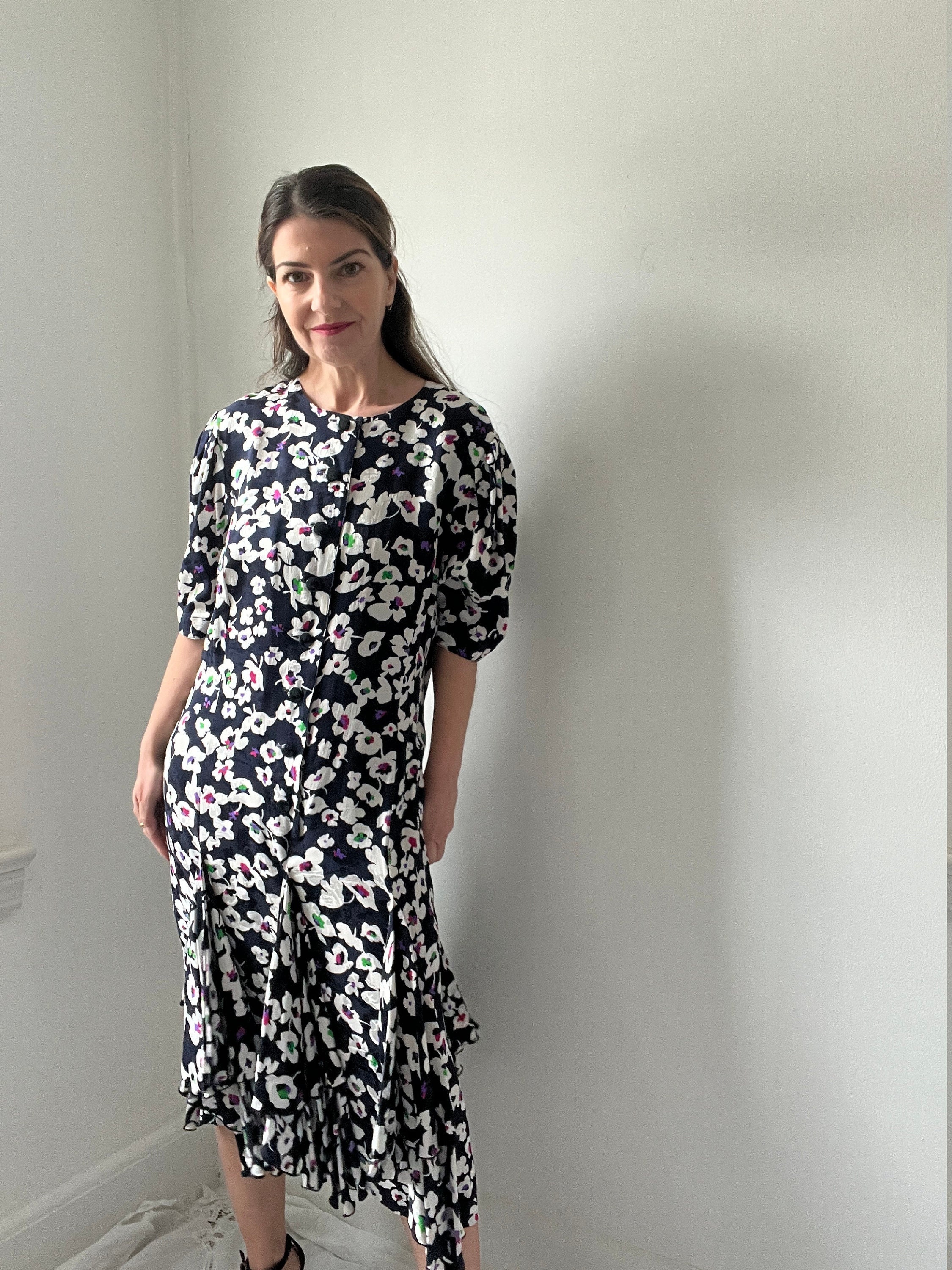 Vintage Louis Feraud Floral Silk Dress, Short Sleeve Drop Waist Ruffle Midi Dress Small/Medium