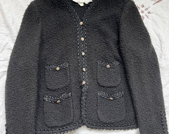 vintage black boucle knit cardigan, mohair ladylike tweed jacket, Castleberry wool blazer size med/large