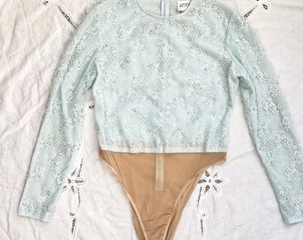 vintage embellished sequined bodysuit size small, 80s pearl and sequin bodysuit sheer lace