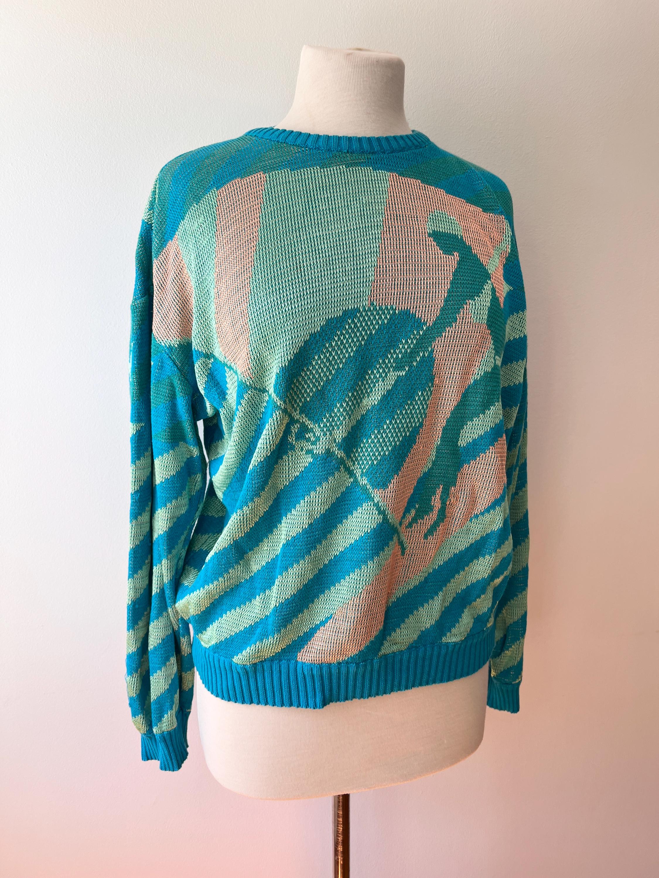 Vintage teal silk sweater size sm-med, novelty knit long sleeve pull over Made in Italy, coastal grandma knit sweater