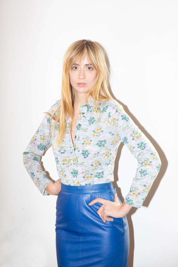 Vintage 70s floral bodysuit, collared cotton butto