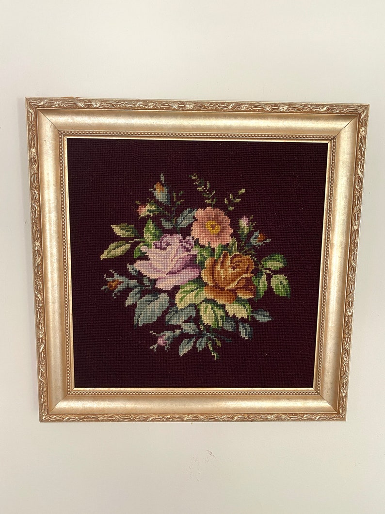 Vintage Floral Bouquet Needlepoint Artwork With Gold Frame Etsy