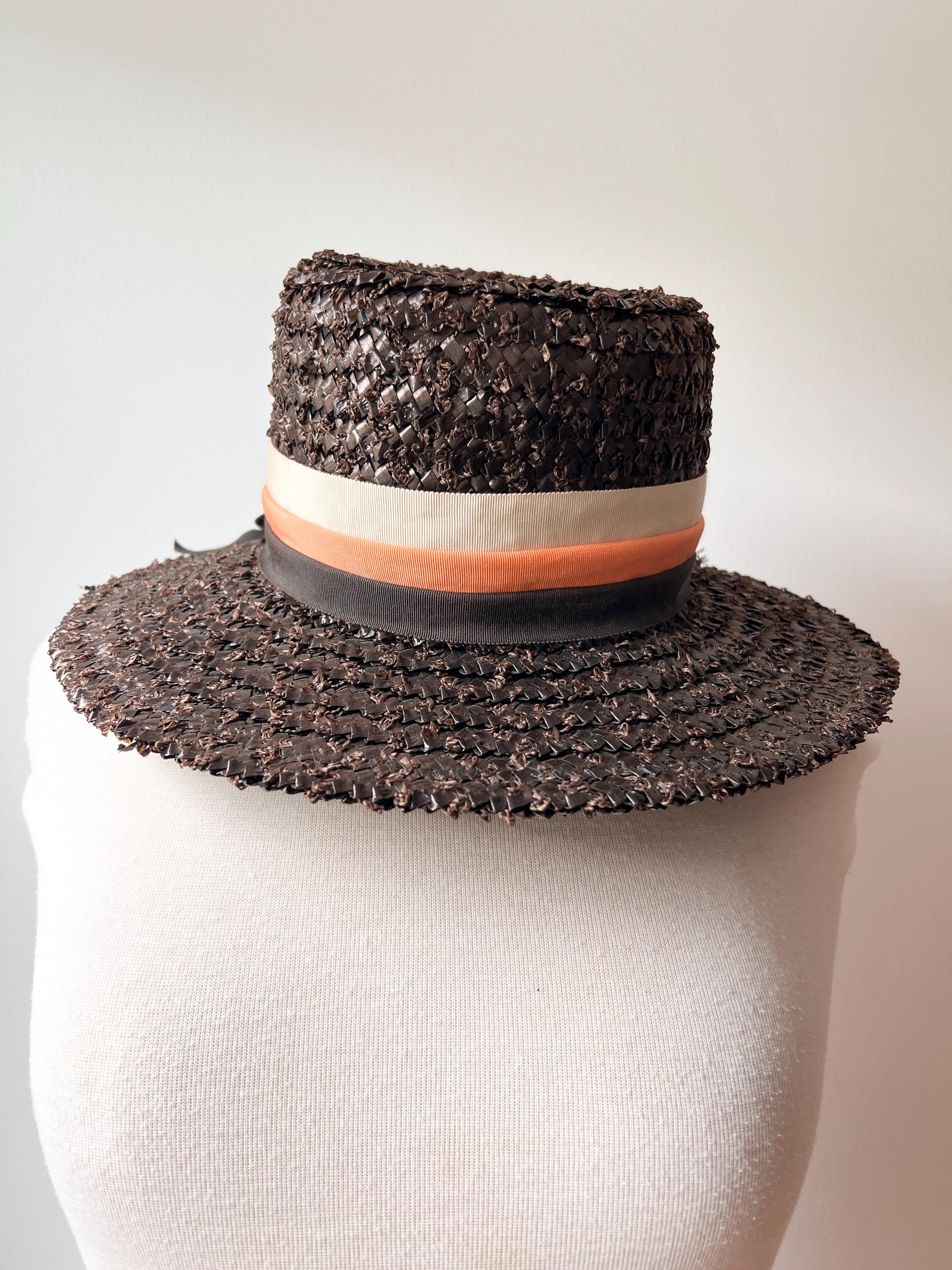 Vintage Brown Raffia Straw Boater Hat, Conrad Chandler Woven Straw Hat, Women's Summer Sun Hat, Kentucky Derby Garden Party Hat
