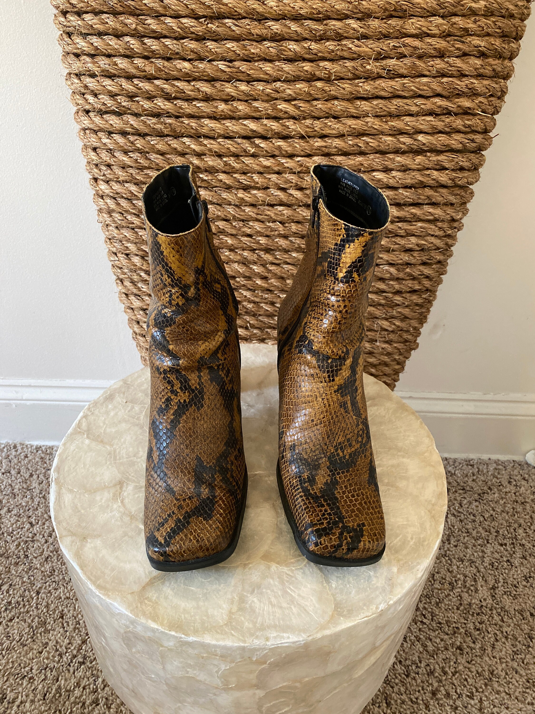 square toe snakeskin booties