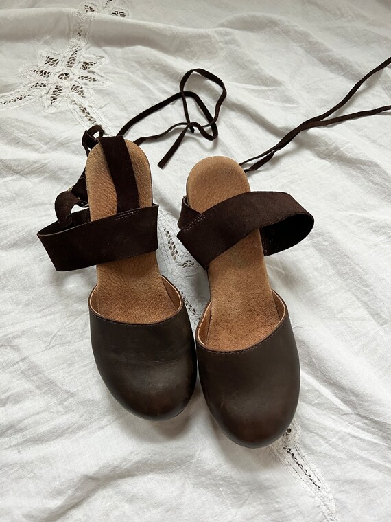 vintage brown wooden leather clogs sandals size 3… - image 2