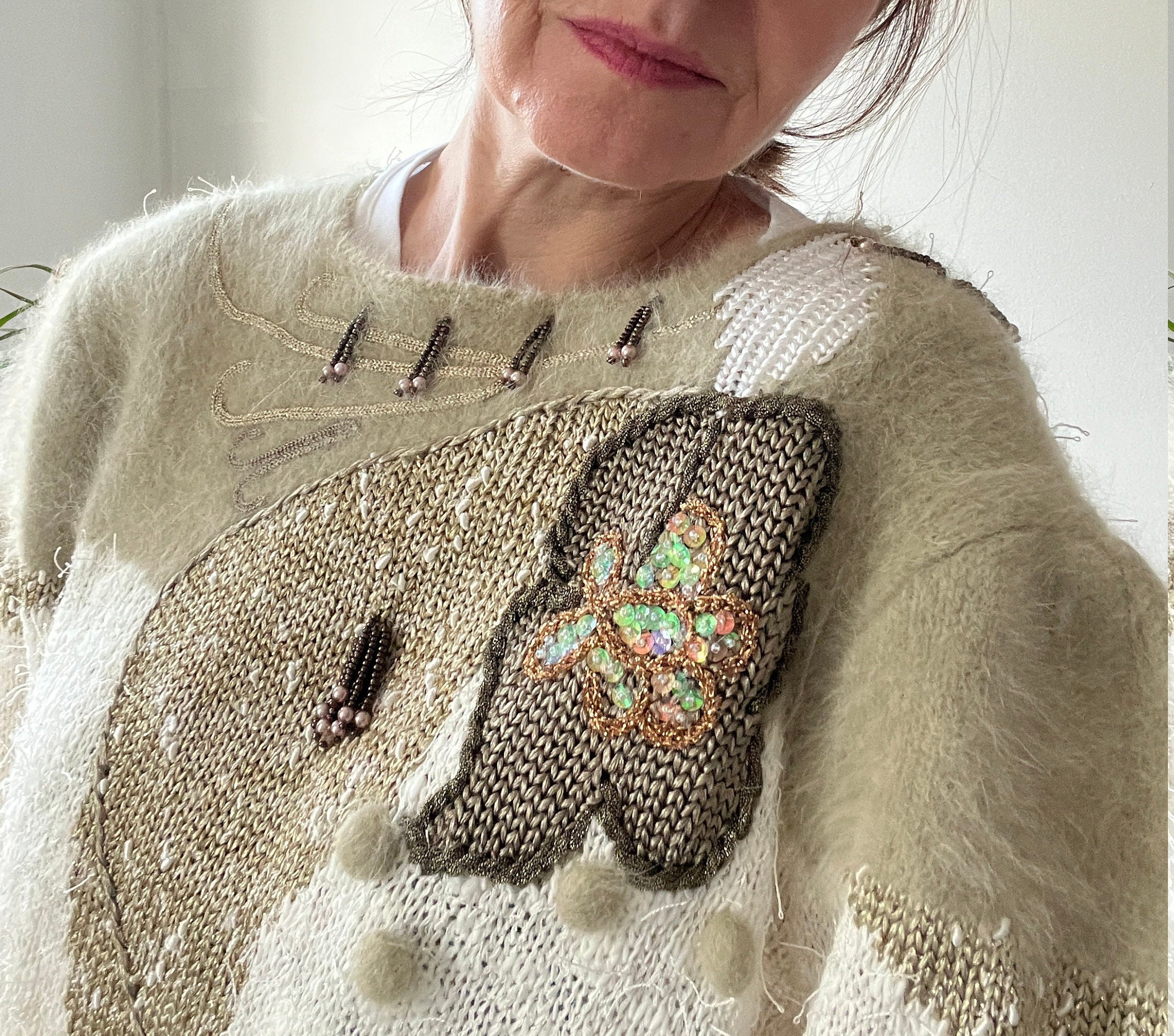 Vintage 80s Angora Ivory Knit Sweater Size Med, Beaded