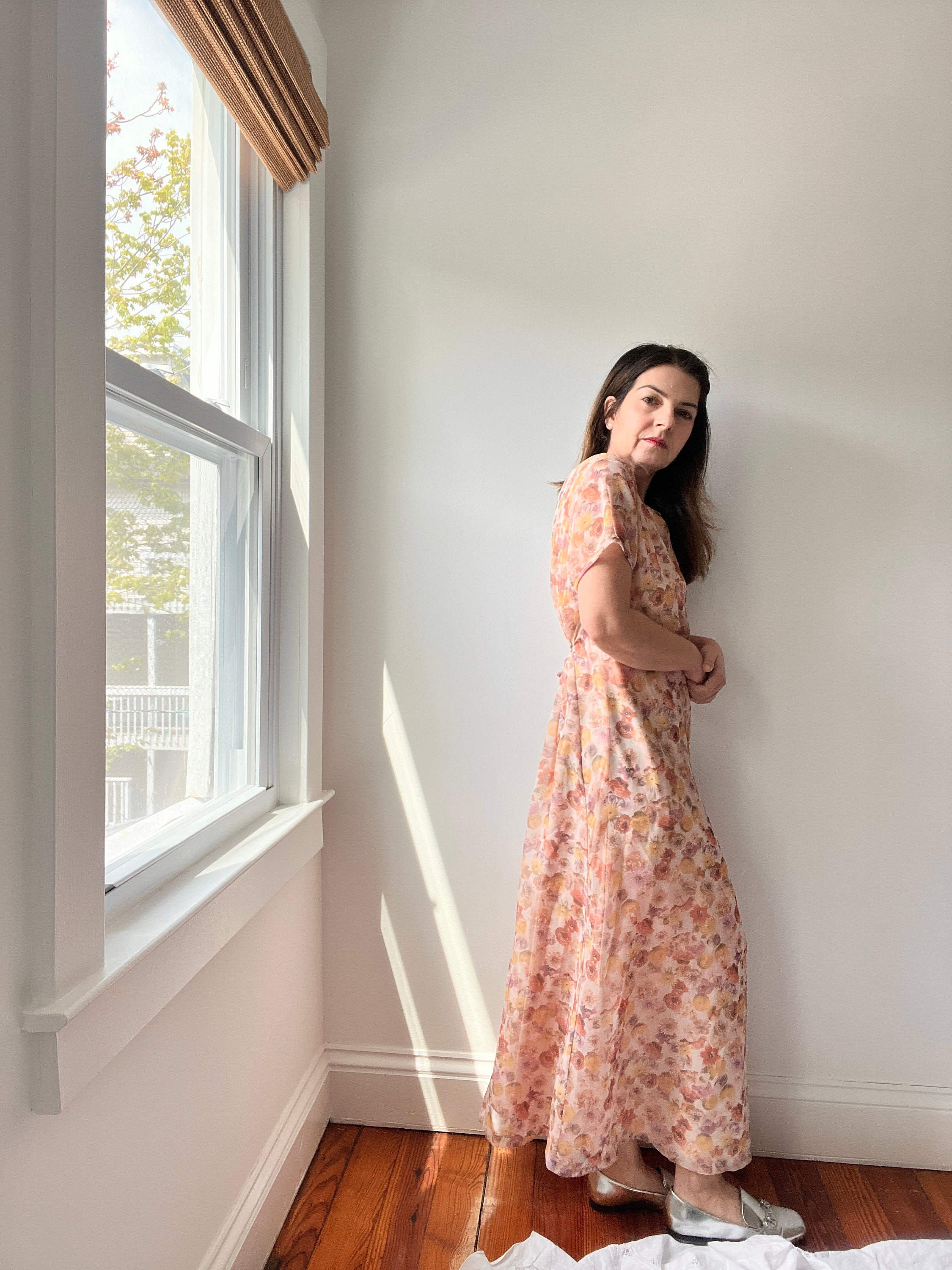 90s Grunge Dress 90s Floral Maxi Dress Vintage 90s Floral Polka Dot Split  Front Maxi Dress