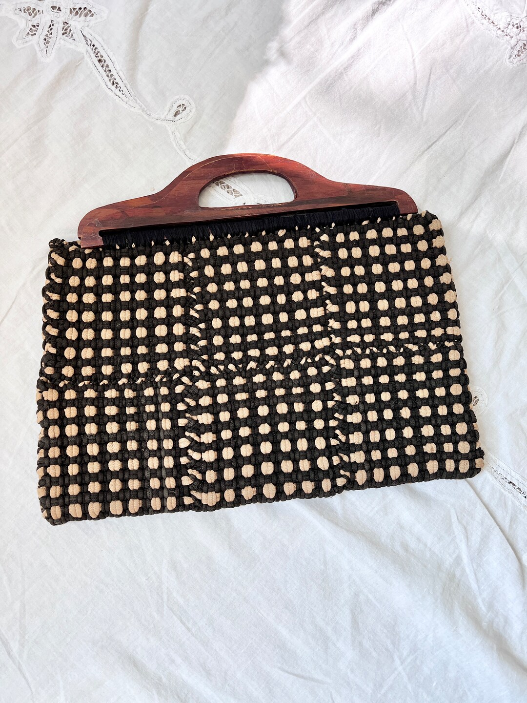 Vintage 70s Macrame Top Handle Tote Bag, Oversized Black and Tan Woven