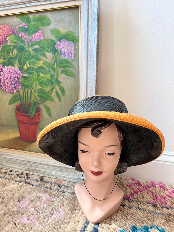 Vintage Eric Javits straw black and tan sun hat, … - image 9