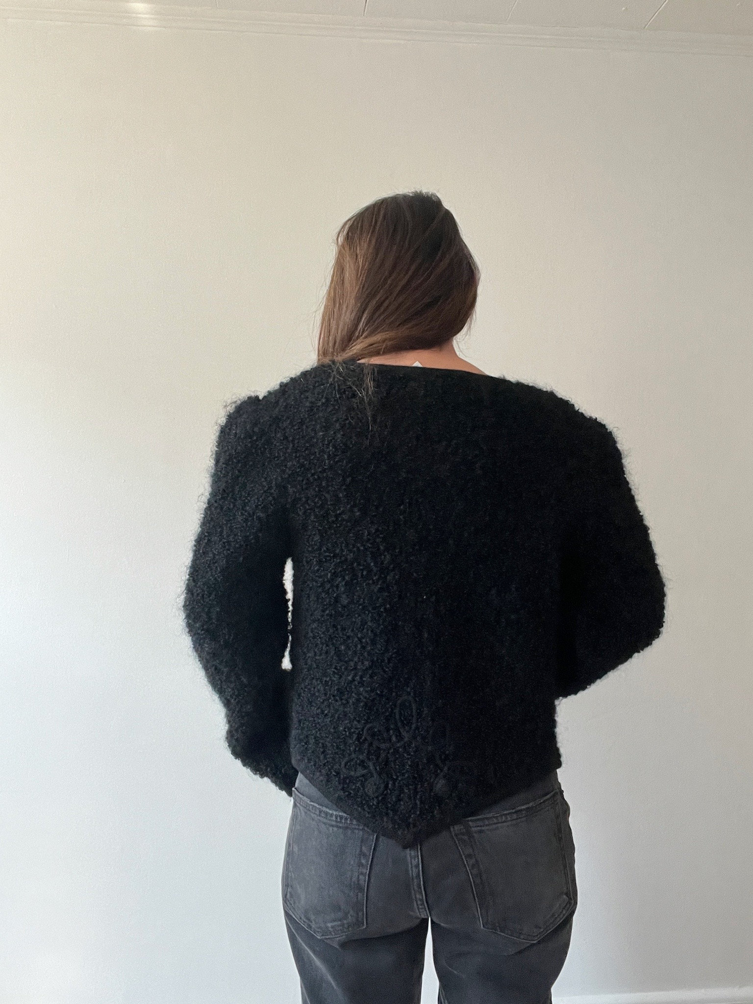 Vintage Black Mohair Wool Cardigan Size Small, Fuzzy Boucle