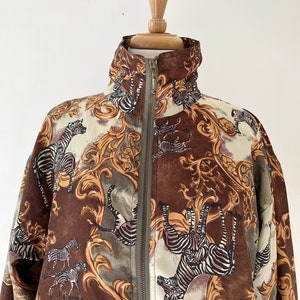 Vintage 80s animal print silk windbreaker, zebra print zip up jacket size small, maximalism bomber jacket