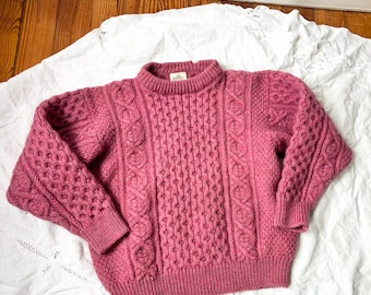 vintage pink Cabled Wool Irish Traditional Fisherman Knit sweater, pullover hand knit