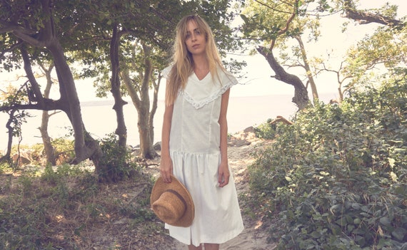 vintage 1970s drop waist white cotton boho dress /