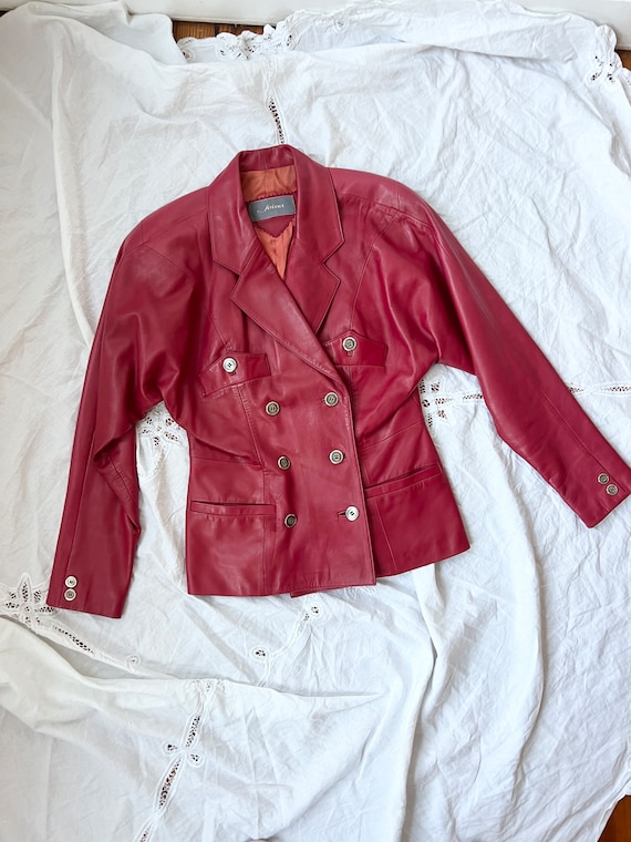 Vintage Cherry Red Leather Jacket Blazer Double Breasted Red Leather Jacket Red Leather Blazer Size Medium Cropped Leather Blazer Etsy UK