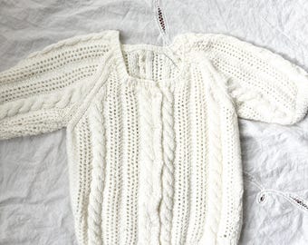Vintage cable knit handmade sweater size xsmall, white cropped short sleeve cardigan sweater