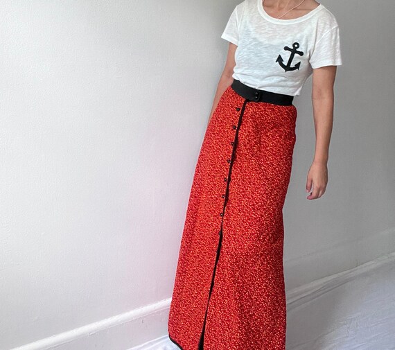 vintage 70s red floral quilted maxi skirt, boho h… - image 1