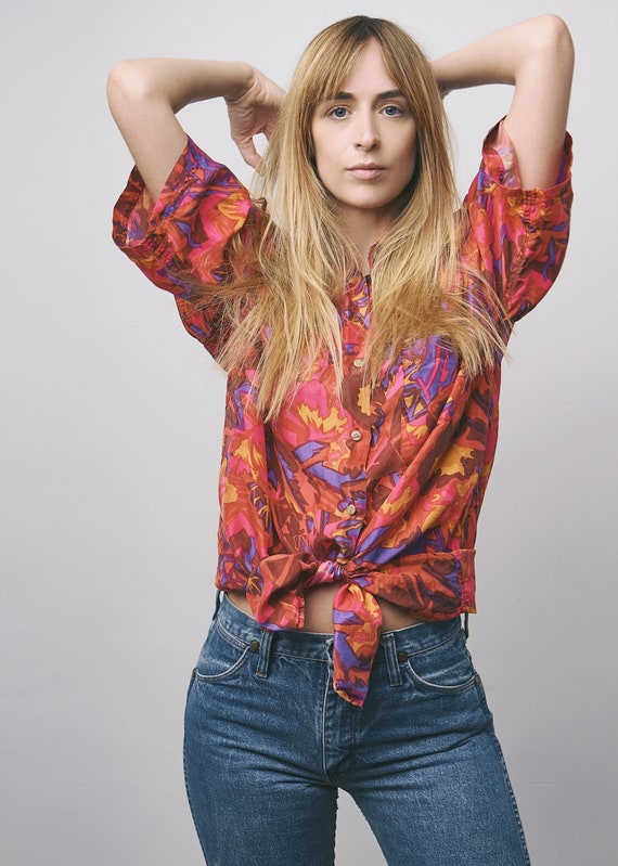 80s Abstract floral print silk blouse, boxy blouse