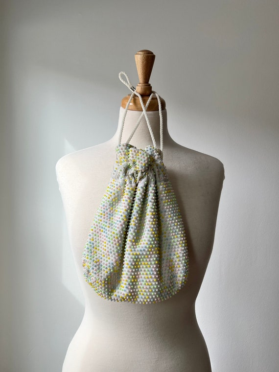 Vintage 1950s Dot Beadwork Drawstring bag, pastel 