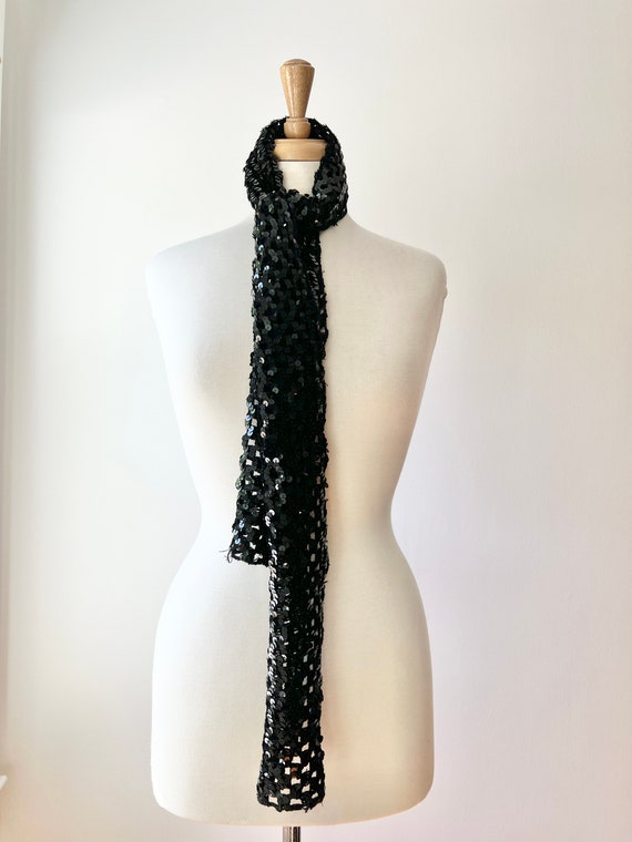 vintage black sequin scarf sash, long thin embelli