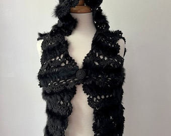 Vintage fur and crochet vest with hood size small, rabbit fur granny square vest, sleeveless knit vest