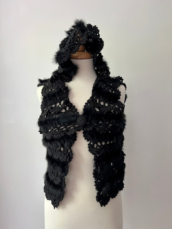 Vintage fur and crochet vest with hood size small,