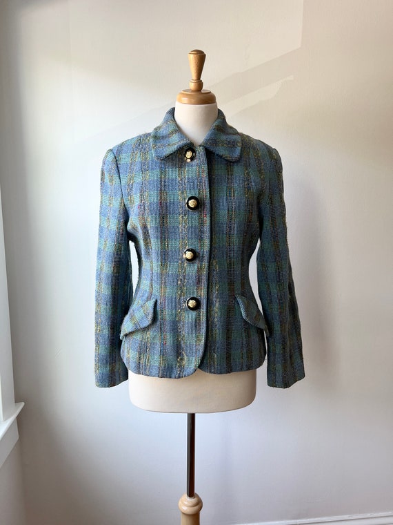 Vintage blue metallic Gold houndstooth blazer size