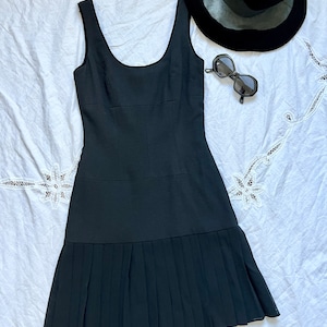 Vintage 80s black wool Dress with sheer pleats size small, Victor Alfaro fitted lbd dress with low back