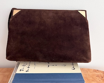 Vintage 1970s Minimalist Suede Clutch Purse, Quiet Luxury Brown Leather Shoulder Bag, 1970s Minimalist Handbag Gold Tone Hardware
