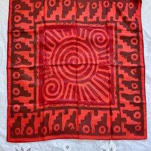 Vintage Vera Neumann red 70s neck scarf, red abstract print scarf hand rolled Made in Japan