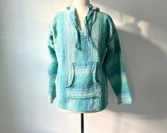 Vintage blue Baja beach hoodie made in Mexico unisex, cotton striped poncho size med, beach pullover sweater, cali style surf sweatshirt