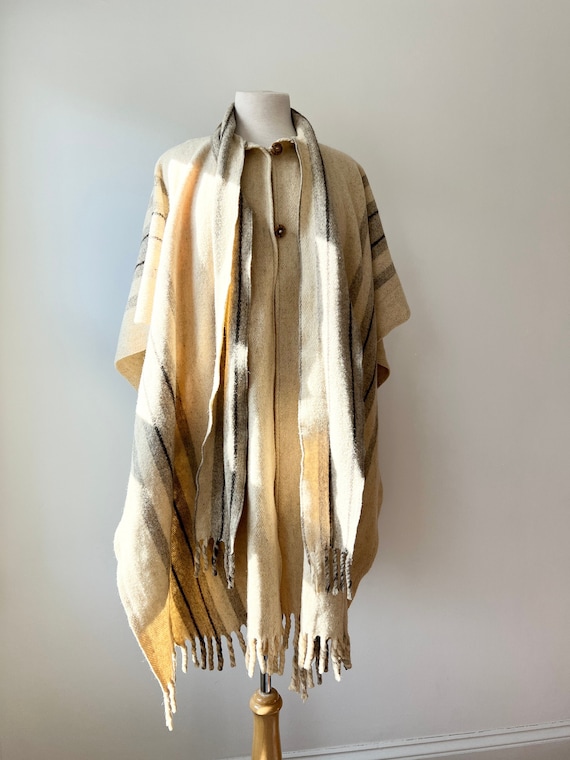 Vintage 60s striped ivory wool cape with attached… - image 1