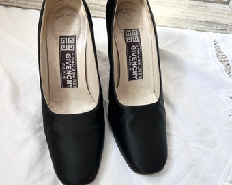 Vintage Givenchy satin high heels size 5, designer black square toe pumps