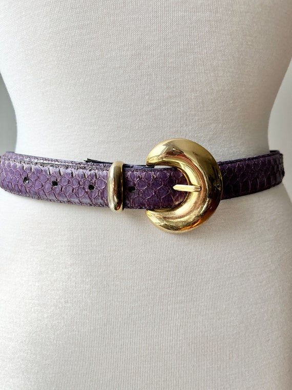 Vintage purple snakeskin belt with gold hardware,… - image 7