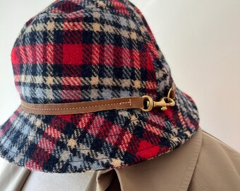 Coach Vintage Plaid Wool Bucket Hat Red Black Blue w/ Leather Trim Vintage Coach Plaid Wool Bucket Hat Size Small, Winter Plaid  main image 2