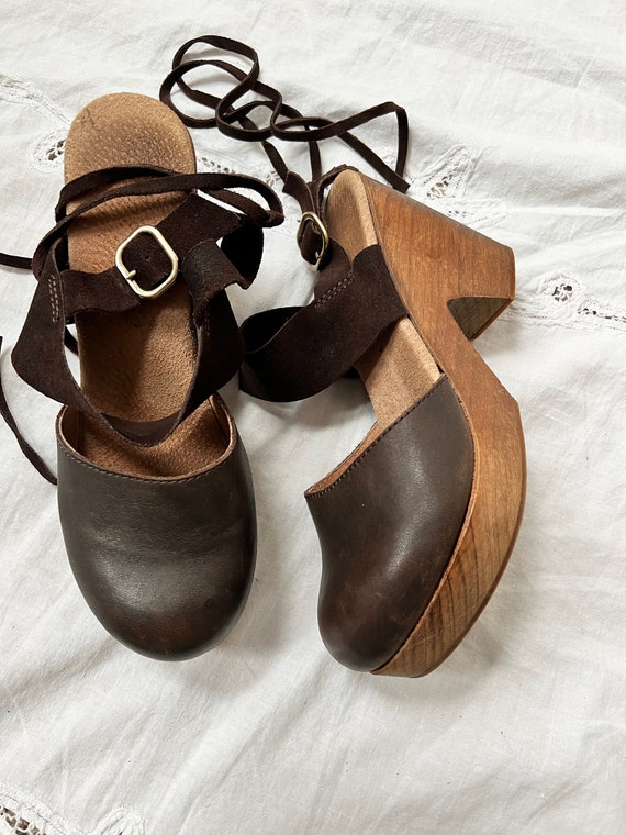 vintage brown wooden leather clogs sandals size 3… - image 7