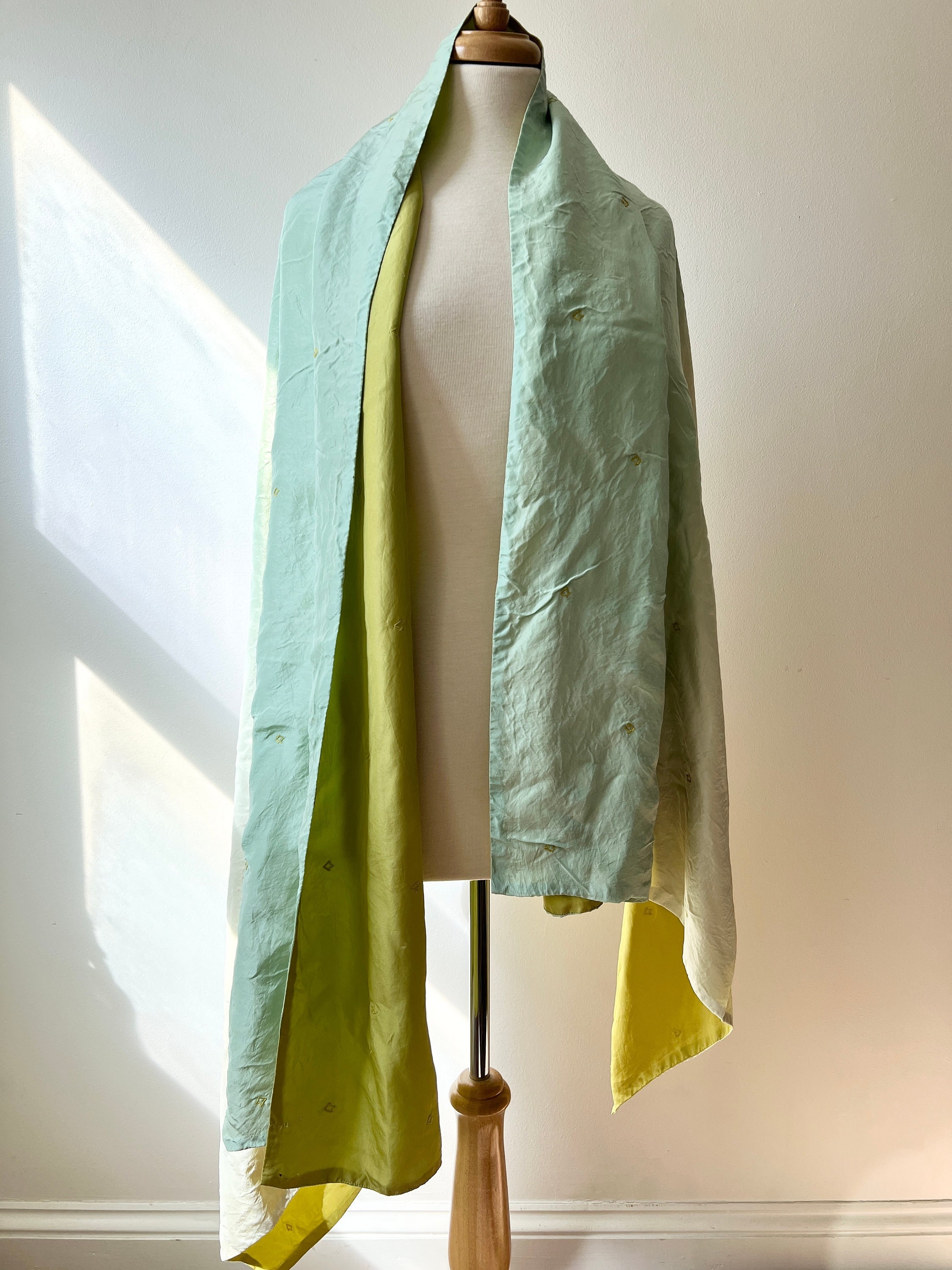 vintage ombre silk large shawl, green turquoise wide wrap, formal evening scarf