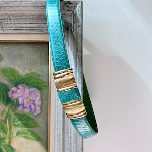 Vintage 80s green snakeskin belt with gold hardware, animal skin skinny belt