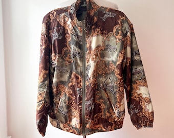 Vintage silk windbreaker zebra print zip up jacket size medium, unique printed bomber jacket