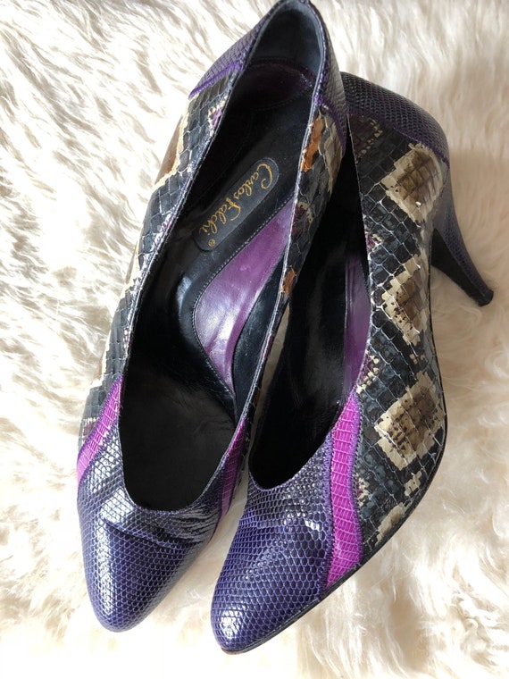 multi colored snakeskin heels
