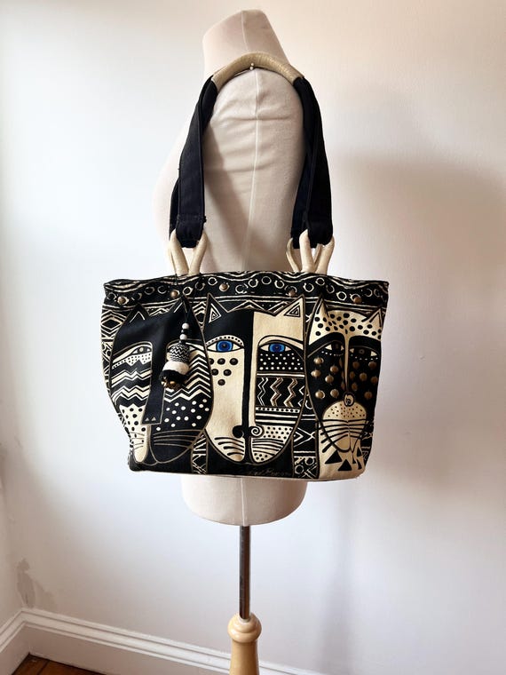 Vintage cat tote bag by Laurel Burch, 80s cat print purse, graphic print cat shoulder bag