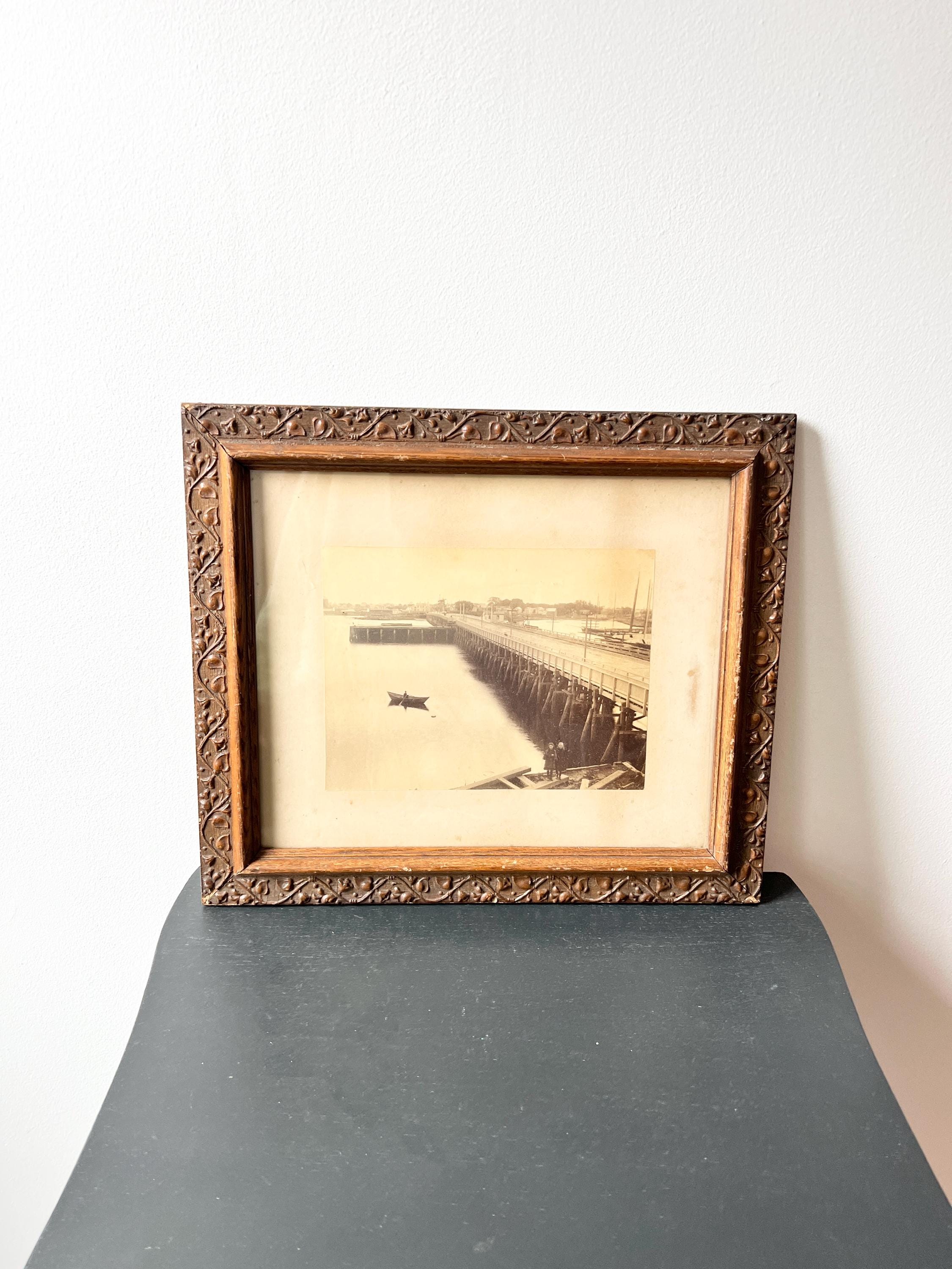 vintage Antique coastal art photo scene of Salem MA, 1900s vintage carved wood frame black and white photo of New England bridge