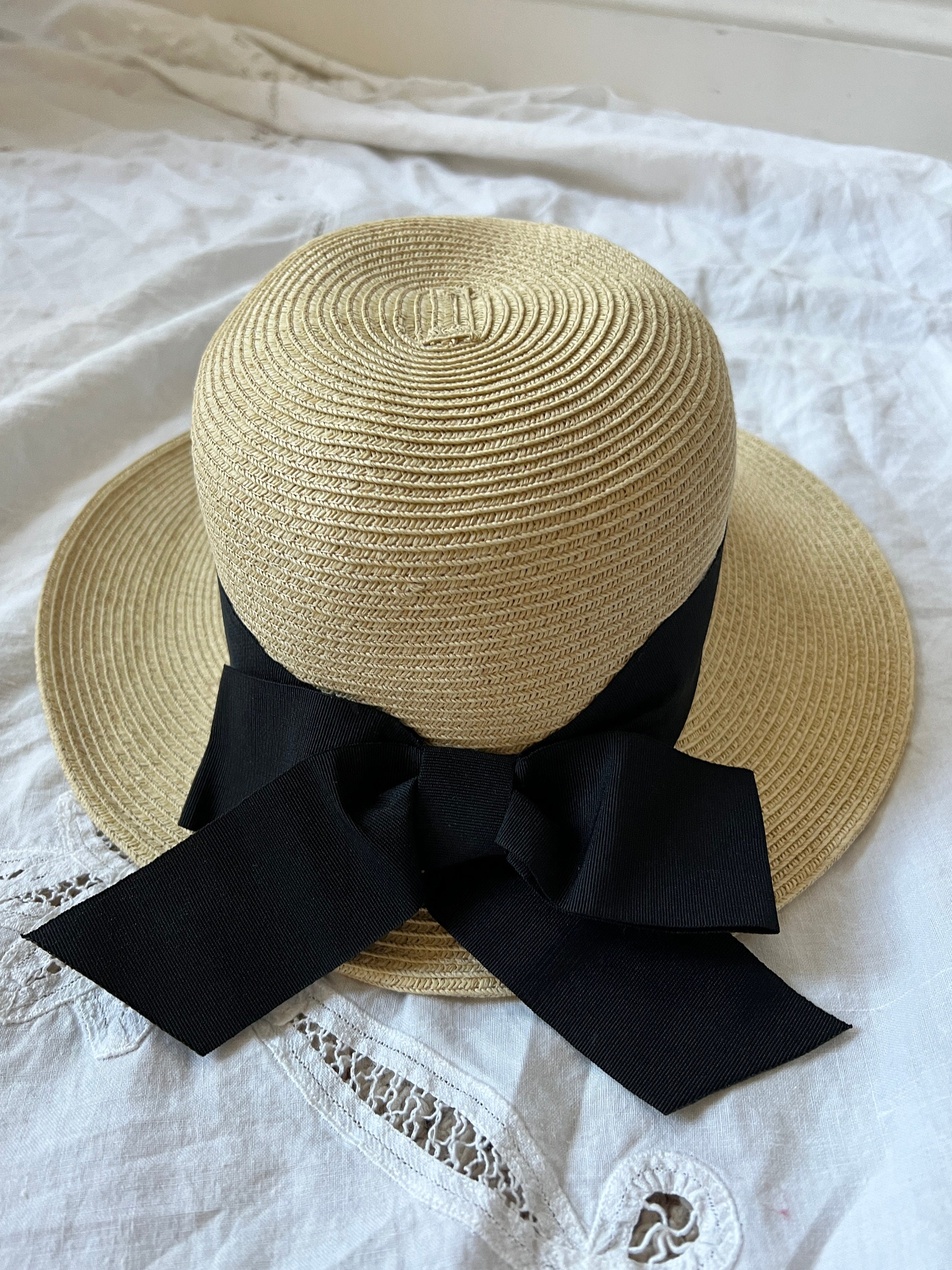 Vintage Scala Straw Hat With Black Grosgrain Ribbon, Straw 