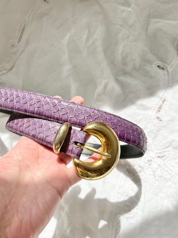 Vintage purple snakeskin belt with gold hardware,… - image 8